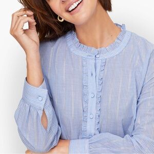 Talbots Light Blue Striped Silver Metallic Ruffle Blouse Size S